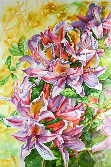 Watercolor demo of pink & white azaleas step 4