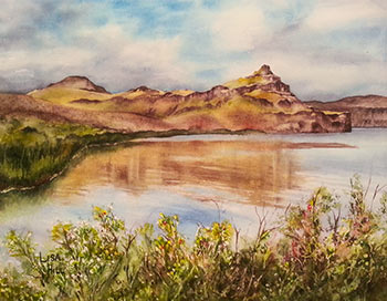 Watercolor painting by artist Lisa Hill of Snake River shoreline
