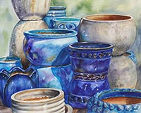 Blue clay pots in watercolor by Lisa Hill