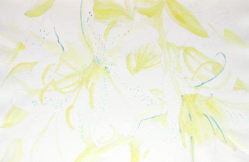 Step 1 of white lilies watercolor painting demonstration