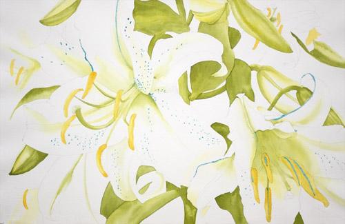 Step 2 of white lilies watercolor painting demonstration