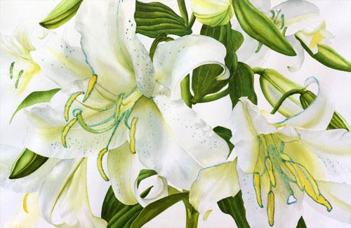 Step 4 of white lilies watercolor painting demonstration