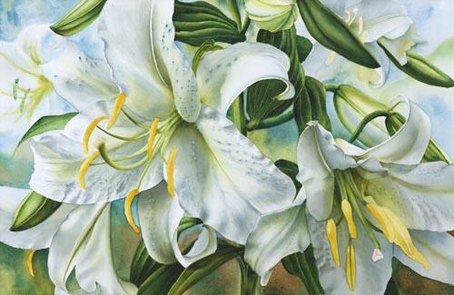 Step 5 of white lilies watercolor painting demonstration