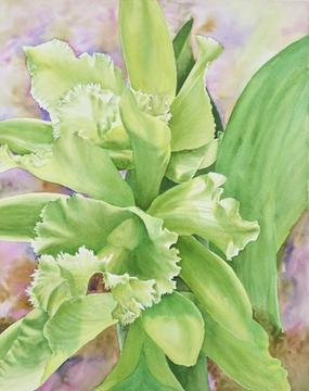 Step 4 of a demonstration of a watercolor painting of green Cattleya orchids by Lisa Hill