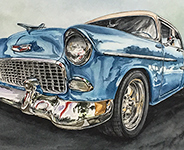 Blue '55 Chevy in watercolor by Lisa Hill