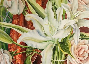 Watercolor painting demonstration of white lilies and roses by Lisa Hill step 4 closeup