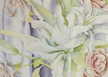 Watercolor painting demonstration of white lilies and roses by Lisa Hill step 2 closeup