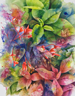Watercolor painting of colorful tropical foliage by artist Lisa Hill