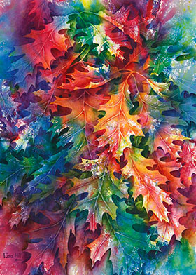Colorful oak leaves in negative painting watercolor by Lisa Hill