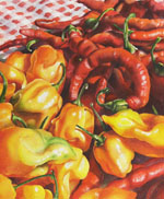 Watercolor painting of red & yellow hot peppers by Lisa Hill