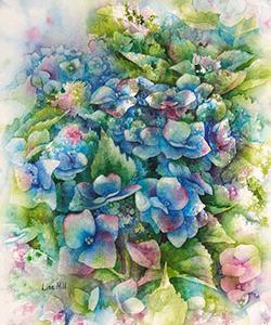 Blue Hydrangeas in negative painting  in watercolor by Lisa Hill