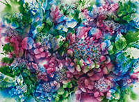 Negative painting purple and pink hydrangeas in watercolor by Lisa Hill