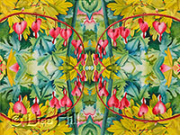 Abstract symmetrical watercolor painting of Bleeding Heart by artist Lisa Hill