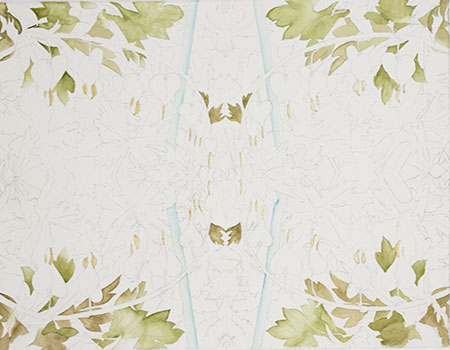 Watercolor painting demonstration of Bleeding Heart and foliage by artist Lisa Hill Step 1