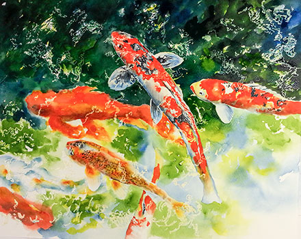 Watercolor demo step 4 of koi fish by artist Lisa Hill