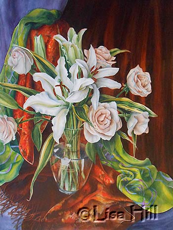 Still life watercolor painting of white lilies and roses by artist Lisa Hill
