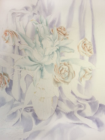 Watercolor painting demonstration of white lilies and roses by Lisa Hill step 1