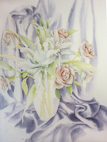Watercolor painting demonstration of white lilies and roses by Lisa Hill step 2