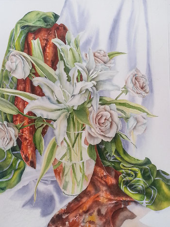 Watercolor painting demonstration of white lilies and roses by Lisa Hill step 3