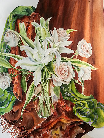 Watercolor painting demonstration of white lilies and roses by Lisa Hill step 4