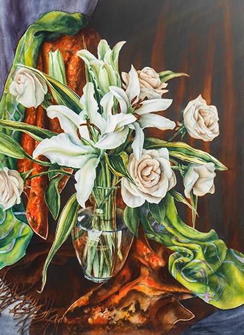 Still life watercolor painting of white lilies and roses by artist Lisa Hill