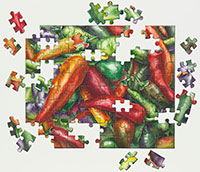 Watercolor painting of peppers in puzzle form by Lisa Hill