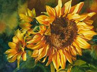 Watercolor painting of sunflowers by artist Lisa Hill titled "October Glory" 