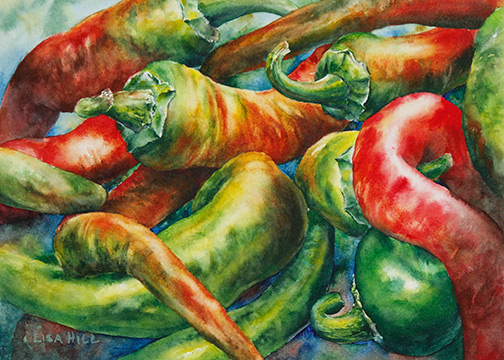 Red & green peppers in watercolor by Lisa Hill