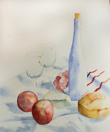 Watercolor demonstration of wine, fruit, bread and cheese by artist Lisa Hill step 1