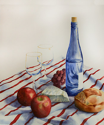 Watercolor demonstration of wine, fruit, bread and cheese by artist Lisa Hill step 3