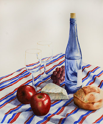 Watercolor demonstration of wine, fruit, bread and cheese by artist Lisa Hill step 4