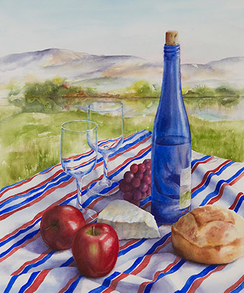 Watercolor painting of wine, bread, fruit and cheese by artist Lisa Hill