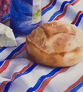 Watercolor painting of wine, bread, fruit and cheese closeup by artist Lisa Hill