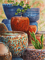 Watercolor painting of colorful pottery by artist Lisa Hill