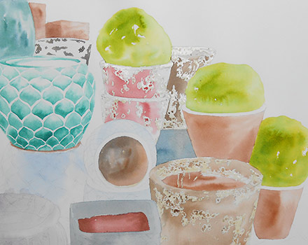 Watercolor painting of textured pots by artist Lisa Hill step 1