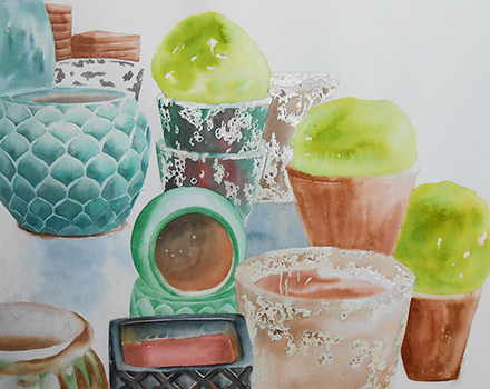Watercolor painting of textured pots by artist Lisa Hill step 2