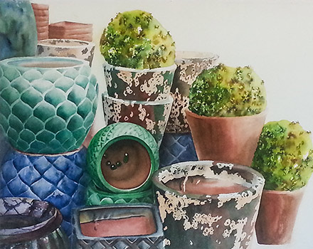 Watercolor painting of textured pots by artist Lisa Hill step 3