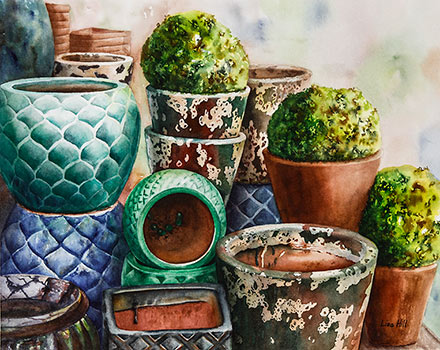 Watercolor painting of textured pots by artist Lisa Hill step 4