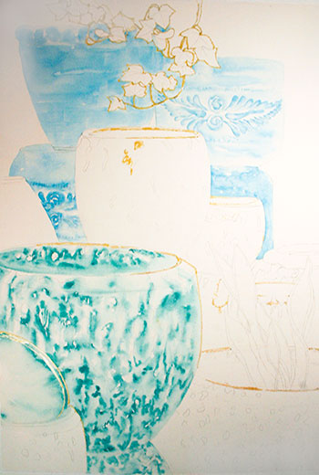 Watercolor demonstration of pottery by Lisa Hill  Step 1