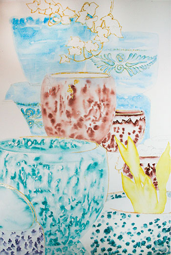 Watercolor demonstration of pottery by Lisa Hill  Step 2