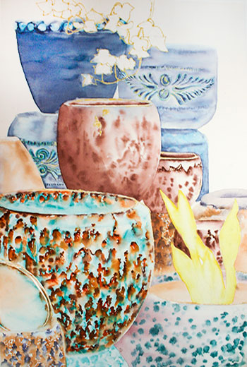 Watercolor demonstration of pottery by Lisa Hill  Step 3