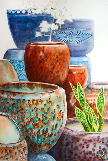 Watercolor demonstration of pottery by Lisa Hill  Step 4