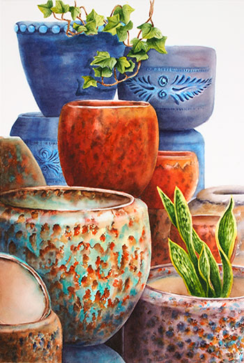 Watercolor demonstration of pottery by Lisa Hill  Step 5