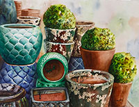 Watercolor painting of colorful pottery by artist Lisa Hill