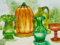 Watercolor painting of colorful glassware by artist Lisa Hill