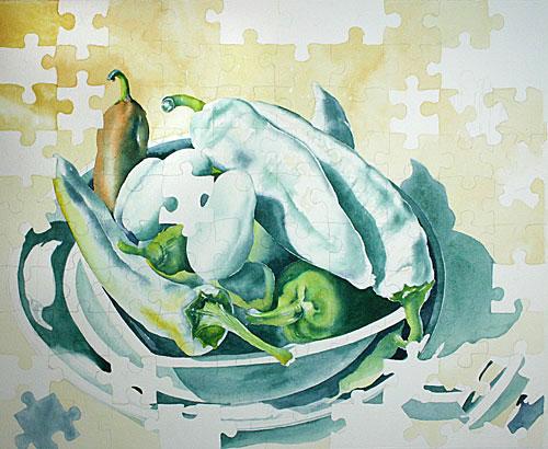 Step 1 of red and green peppers watercolor painting demonstration