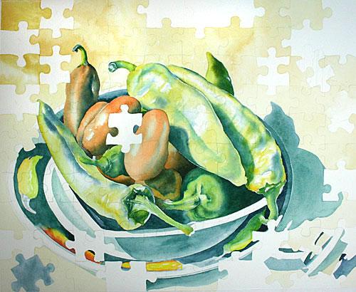 Step 2 of red and green peppers watercolor painting demonstration