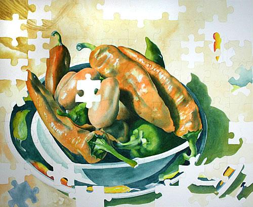 Step 3 of red and green peppers watercolor painting demonstration