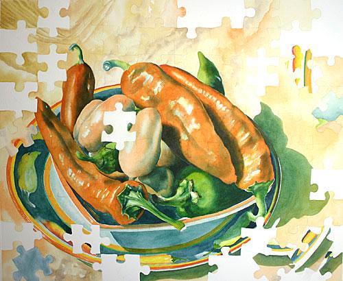 Step 4 of red and green peppers watercolor painting demonstration