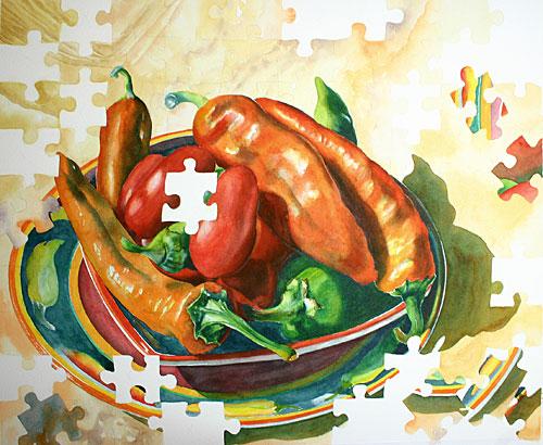 Step 5 of red and green peppers watercolor painting demonstration